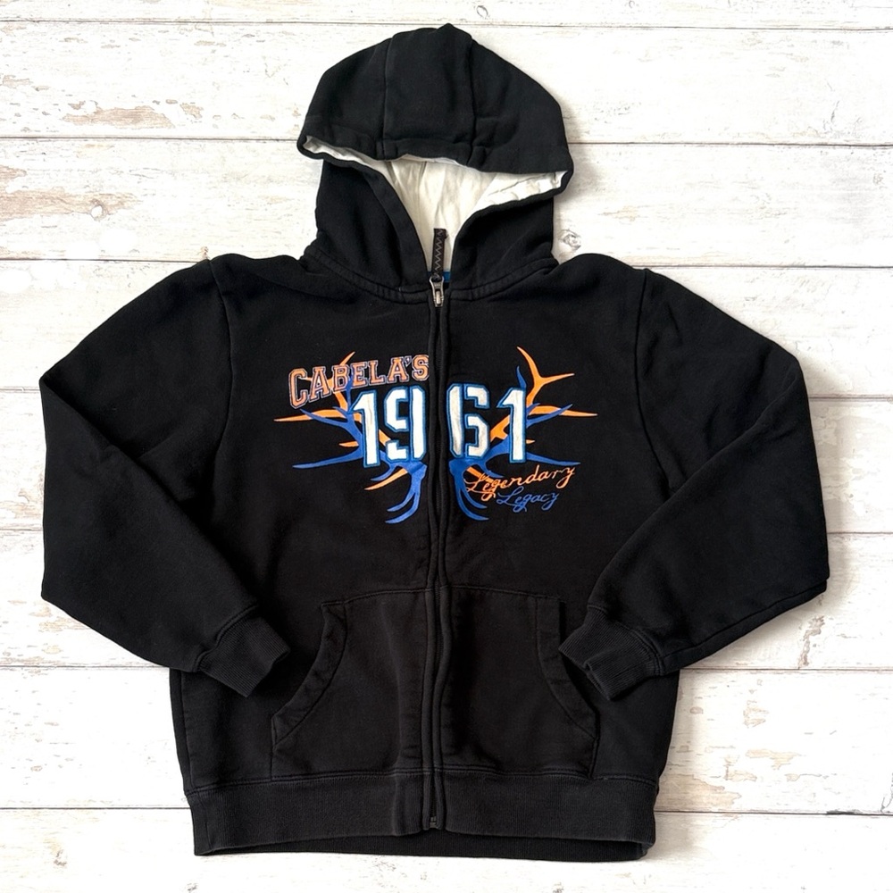 Cabelas Boys M 10/12 Black Zip Up Hoodie Jacket Sweatshirt Size Medium 10 12